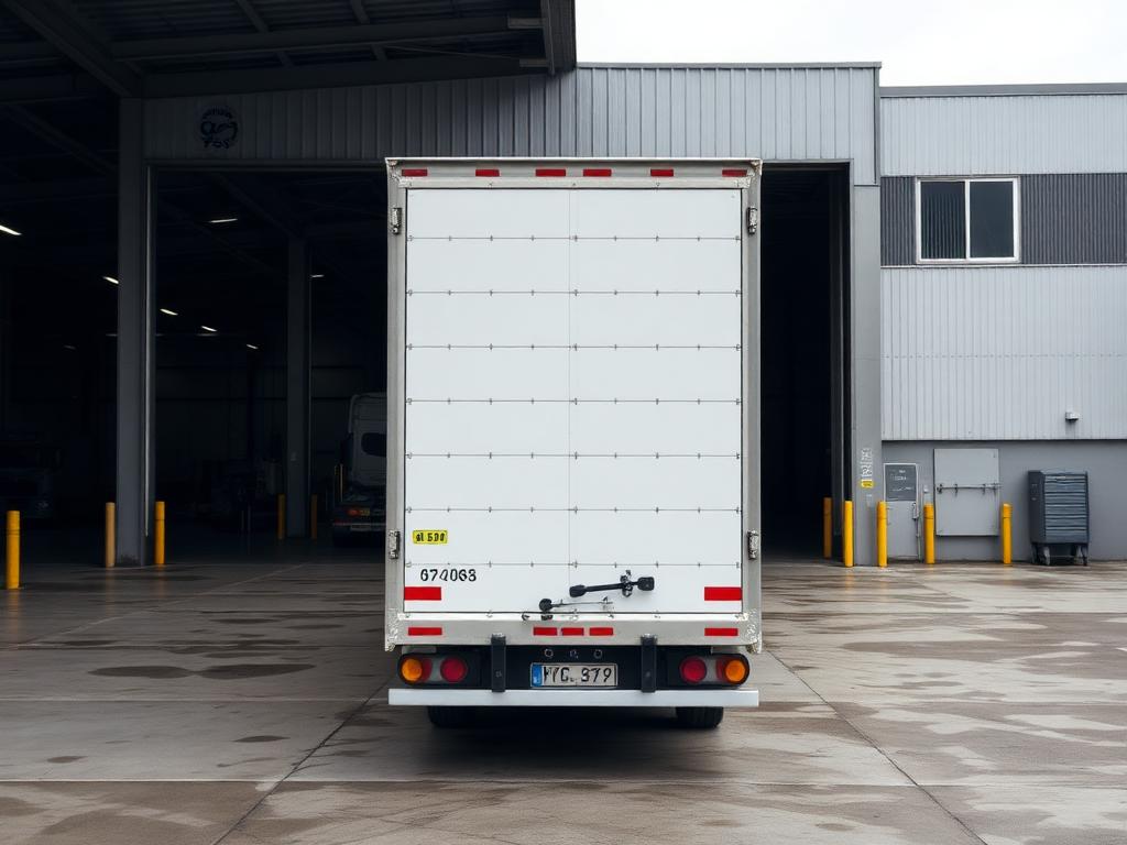 White dry van trailer backed into a warehouse loading dock