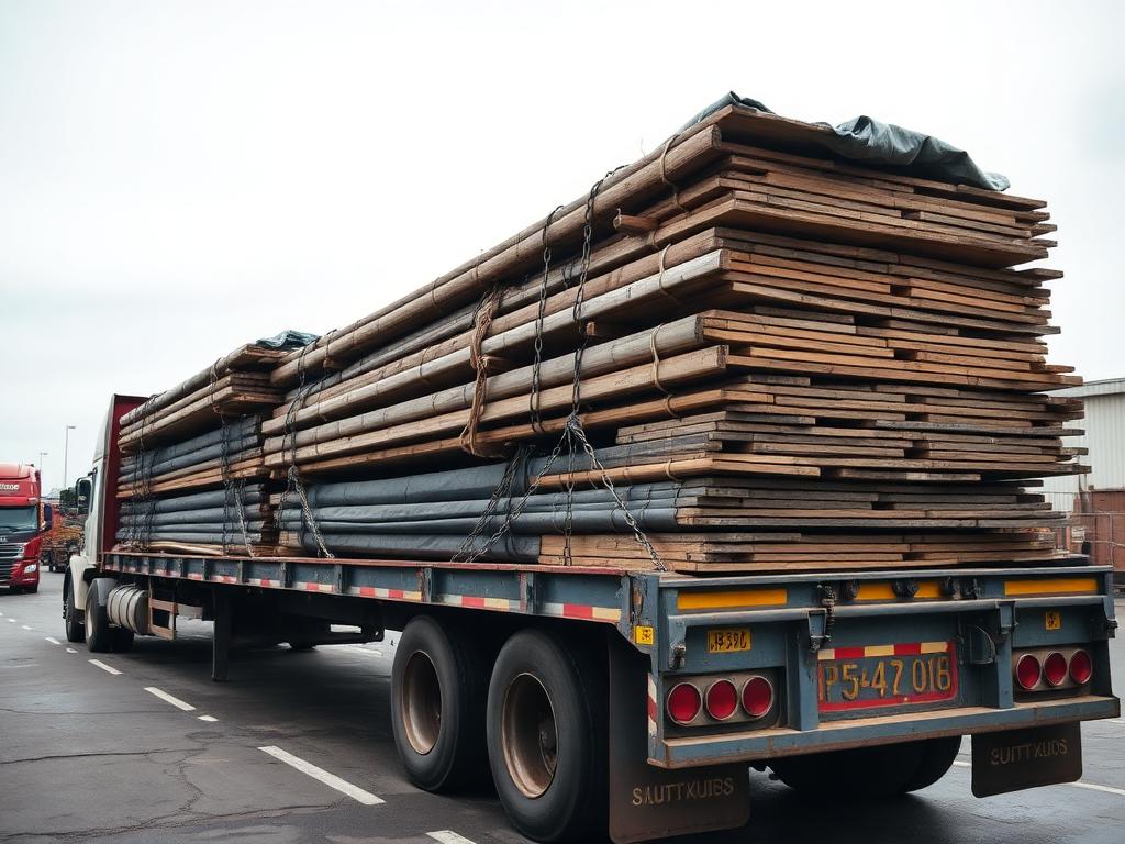 Flatbed trailer loaded with steel and lumber secured with chains