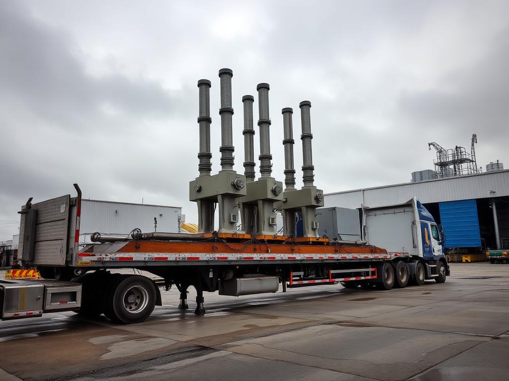 Step deck trailer loaded with tall industrial equipment at an industrial yard